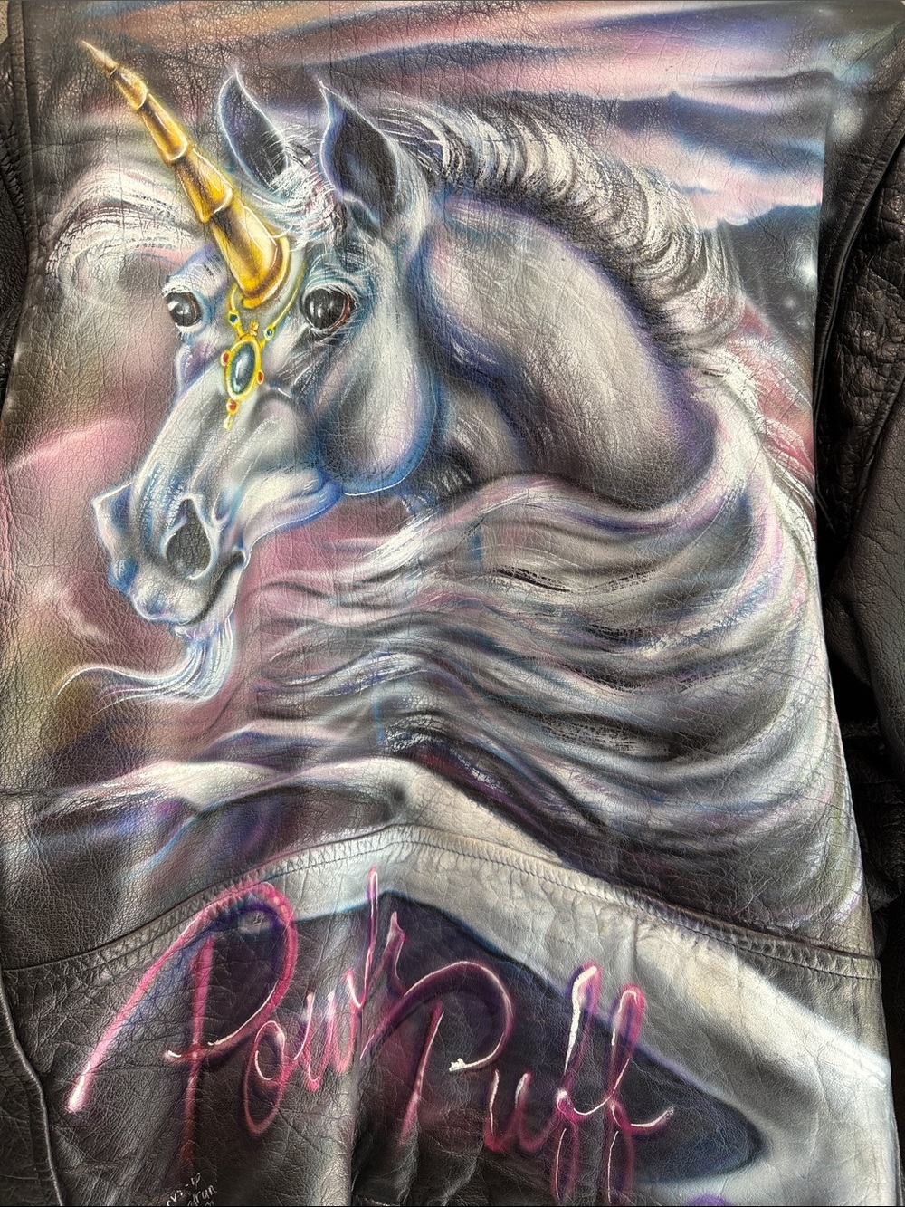 Hand-Painted 90s Vintage Air-Brushed Unicorn Leather Jacket - Picture 6 of 13